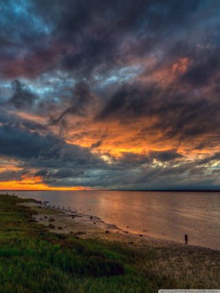 Sunset water person walking shore - free sunset wallpaper for mobile