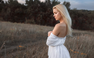 Woman white dress field trees - tall grass and trees free wallpaper