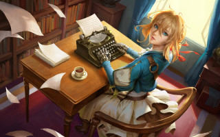 Girl typewriter coffee papers fantasy - paper free wallpaper for desktop