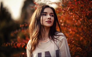 Woman longhair tree autumn leaves - red leaf free wallpaper for desktop