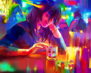 Woman sitting table glass water 2 - a colorful background behind her free wallpaper