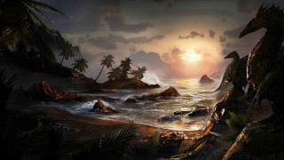 Sunset rocky beach dragon boat - cyril rolando free wallpaper