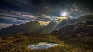 Mountain pond sunbeam clouds landscape - crepuscular free wallpaper