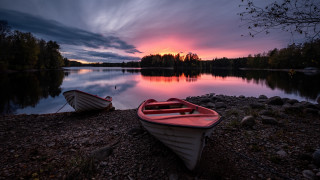 Boats lake sunset cloudy sky - bruno liljefors free wallpaper