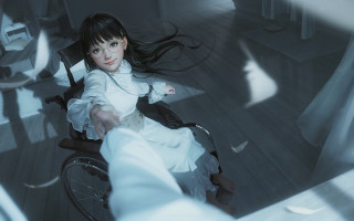 Woman wheelchair alice prin cyberpunk - a white curtain free wallpaper
