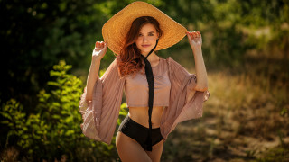 Woman bikini hat forest fashion - art nouveau free wallpaper