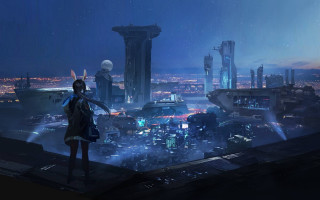 Rooftop futuristic cityscape night fireworks - the city free wallpaper