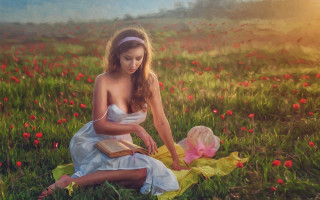 Woman flower field reading book - a painting of a woman free wallpaper