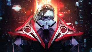 Futuristic man suit helmet city - a futuristic city in the background free wallpaper