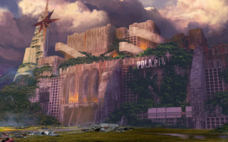 City star ruins pagoda sunset - a painting of a city free wallpaper