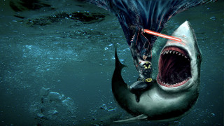 Shark man riding light saber - a shark free wallpaper