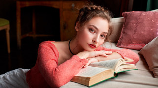 Woman lying bed book pinkpillow - a green chair free wallpaper