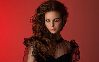 Woman black dress red background 3 - a red wall free wallpaper for desktop