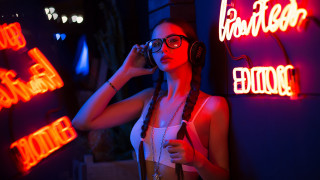 Woman headphones white dress neon - synthwave style free wallpaper