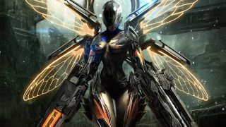 Futuristic woman wings gun night - a large window free wallpaper