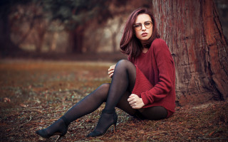 Woman red sweater black stockings 2 - a tree in a forest free wallpaper