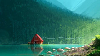 House lake dock bridge mountains - plein air free wallpaper