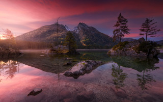 Mountain lake trees sunset pink 2 - a lake and trees free wallpaper for desktop