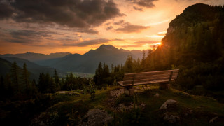 Sunset mountain range forest lake - german romanticism free wallpaper