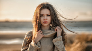 Beach woman longhair portrait elina - a beach near the ocean free wallpaper