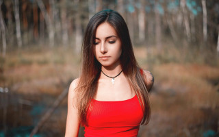 Woman red top forest cross - half body free wallpaper