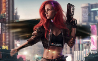 Neon city girl gun cyberpunk - charlie bowater free wallpaper