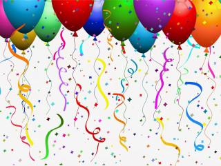 Balloons streamers confetti floating air - free happy birthday wallpaper