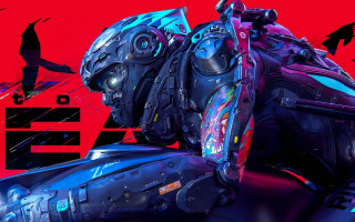 Futuristic robot red background black - overhead in the background free wallpaper