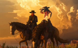 Cowboys horses sunset clouds western - western comic book art free wallpaper