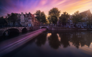 Sunset river bridge cityscape pink - sky above free wallpaper