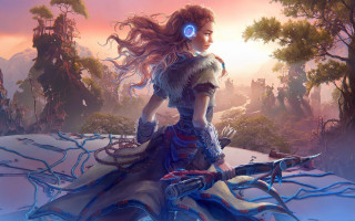 Woman headphones snowy forest sword - headphone free wallpaper