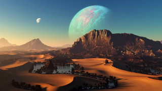 Desert planet mountains lake night - a distant planet in the background free wallpaper