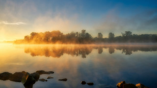 Sunset mountain lake trees mist - mist free wallpaper