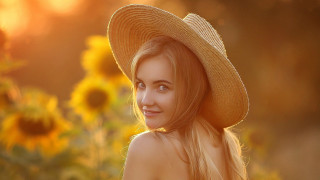 Woman sunflowers sunset hat smile - a smile free wallpaper for desktop