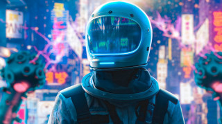 Space suit man neon cityscape - cyberpunk free wallpaper