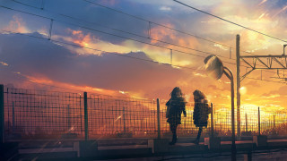 Bridge sunset fence traintrack city - atey ghailan free wallpaper