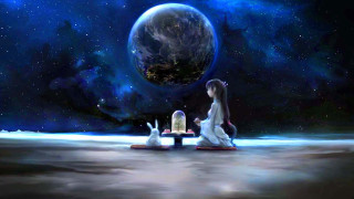 Woman bench clock rabbit planet - a bench in front free wallpaper