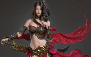 Fantasy woman sword redcape statue - figurine free wallpaper