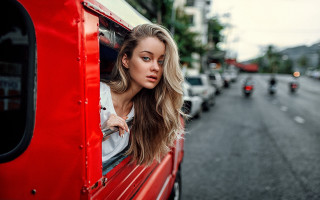Woman red truck city street - cinematic photography free wallpaper