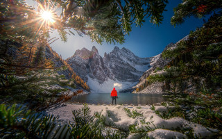 Snow lake mountains forest sky - the ground and trees free wallpaper