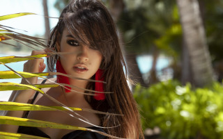 Woman longhair redscarf palmleaves fashion - red scarf free wallpaper