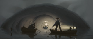 Cave fog light boat men - two man free wallpaper
