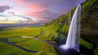 Waterfall green valley river sunset - free nature wallpaper