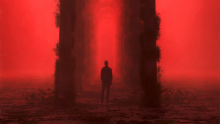 Red forest cyberpunk torii silhouette - dystopian art free wallpaper