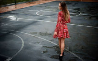 Woman red white dress basketball - a black umbrella free wallpaper