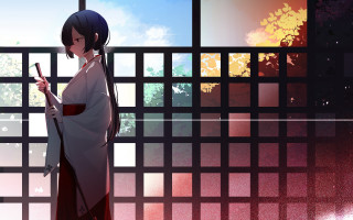 Woman kimono cellphone window trees - a cell phone in front free wallpaper