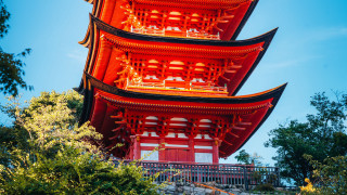 Tall red pagoda autumn bridge - free architecture wallpaper