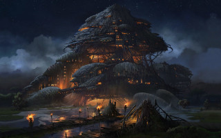 House forest night lights fantasy - andreas rocha free wallpaper