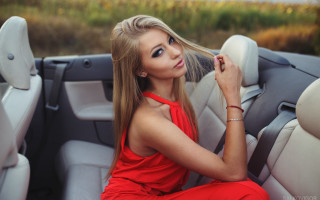Woman red dress car blonde - a ponytail free wallpaper for desktop