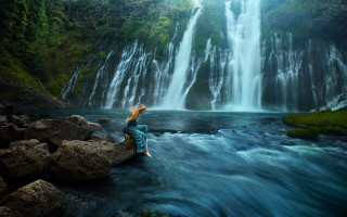Woman waterfall rock bluehair nature - waterfall free wallpaper